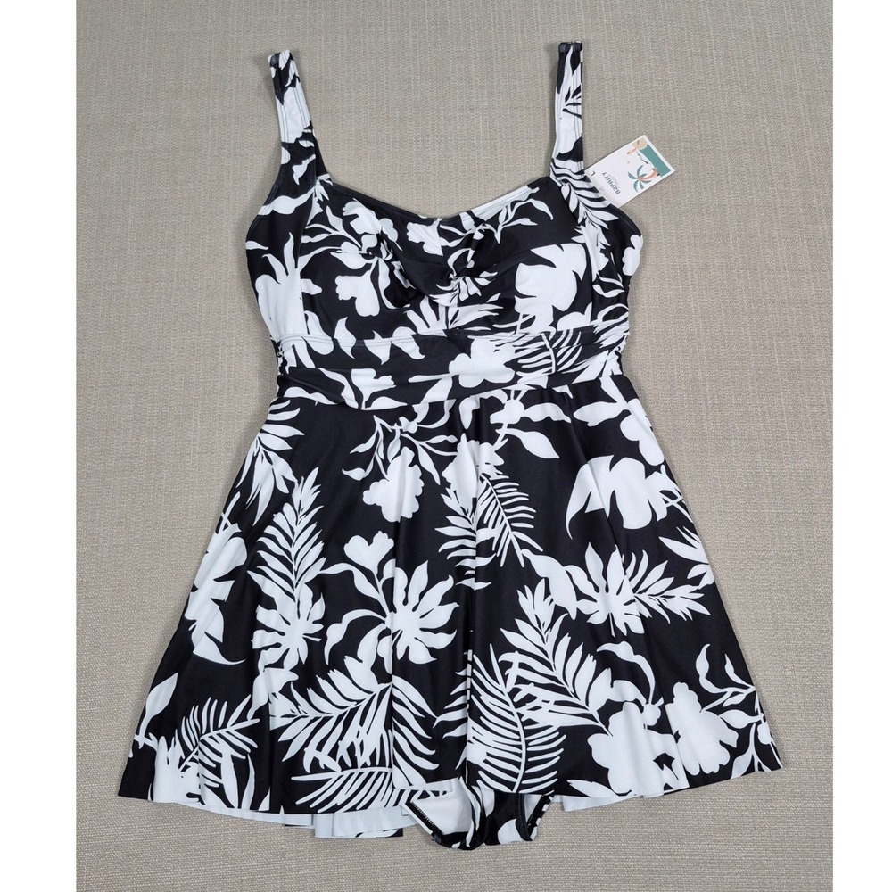 B2PRITY Women Black White Floral Swim Dress One Piece Swimsuit Large NWT